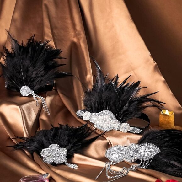 Vintage Flapper Headbands 4 Pcs Rhinestone Feather 1920s Accessories Women main image 6